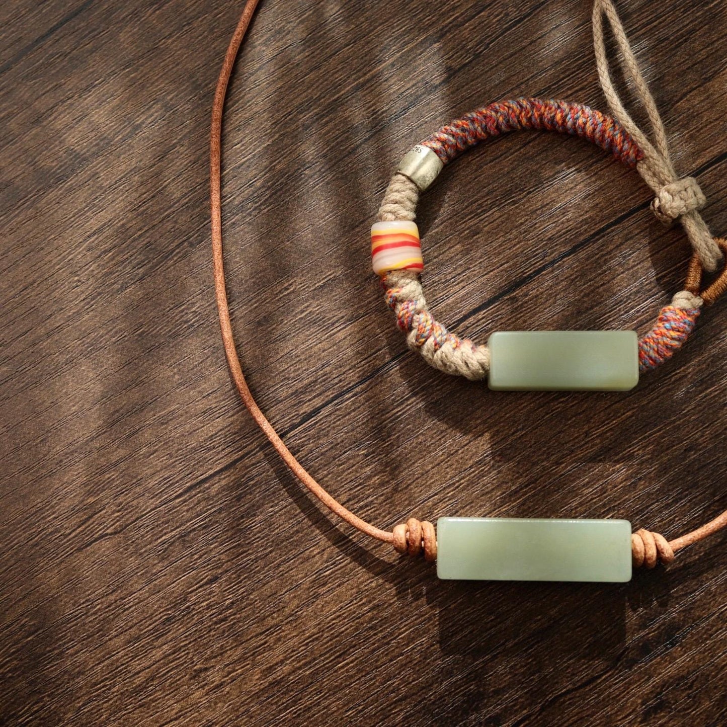 Tibetan style jade leather necklace and bracelet