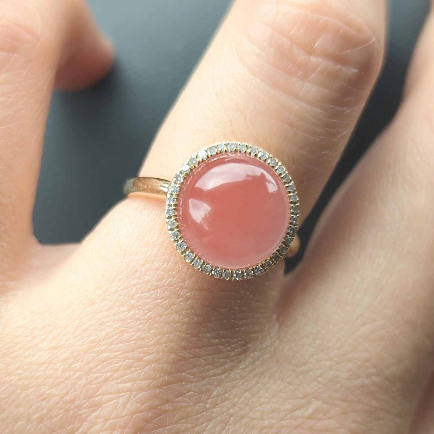 Icy Pink Nanhong Agate Ring: 18K Gold Diamond Halo