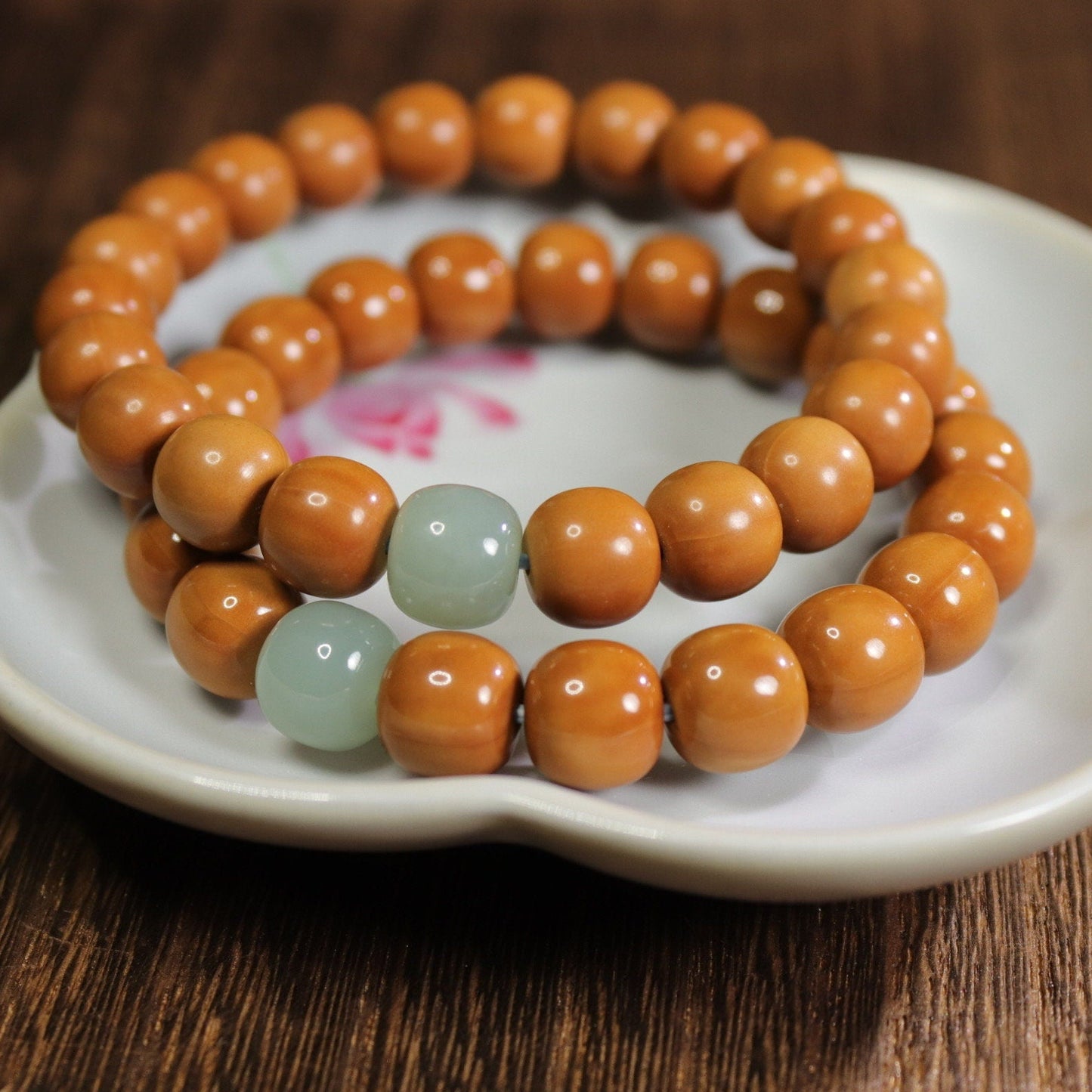 10mm Walnut bracelet with nephrite jade