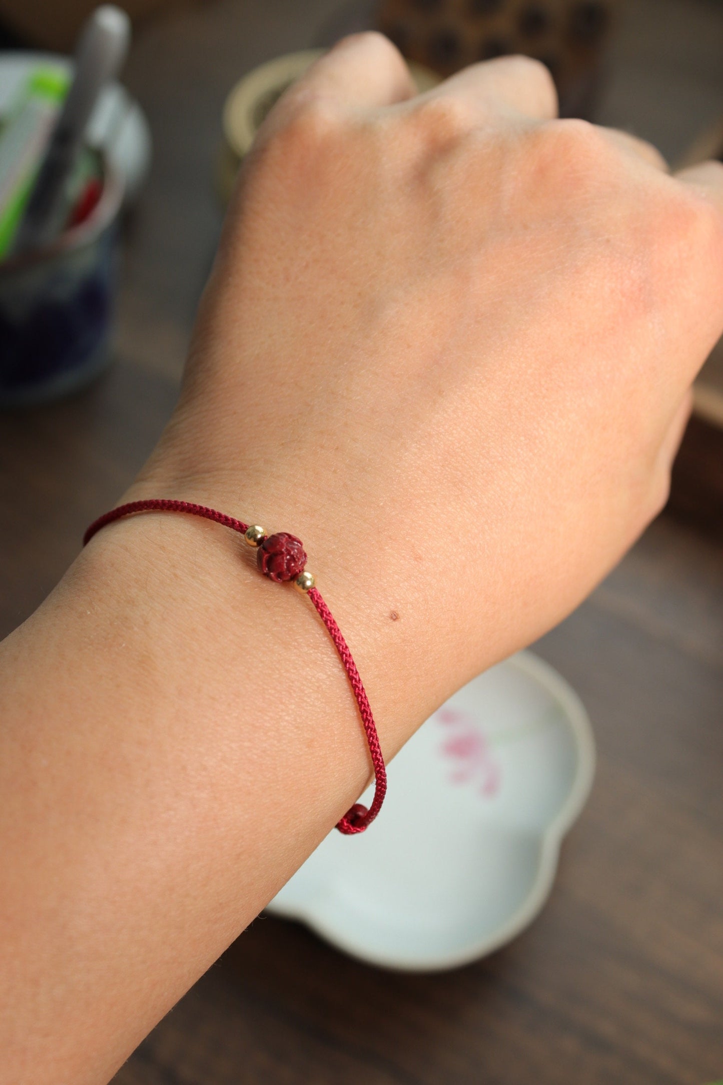Auspicious adjustable red cord bracelet with cinnabar lotus bead/ fortune bracelet