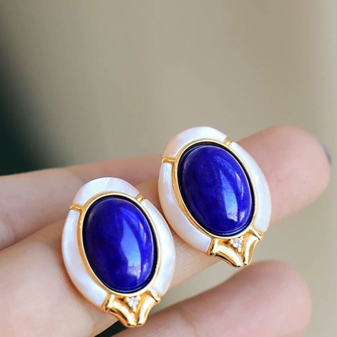 Mid Century Lapis & Mother of Pearl Earrings: S925 Silver