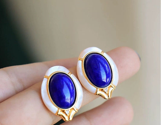 Mid Century Lapis & Mother of Pearl Earrings: S925 Silver