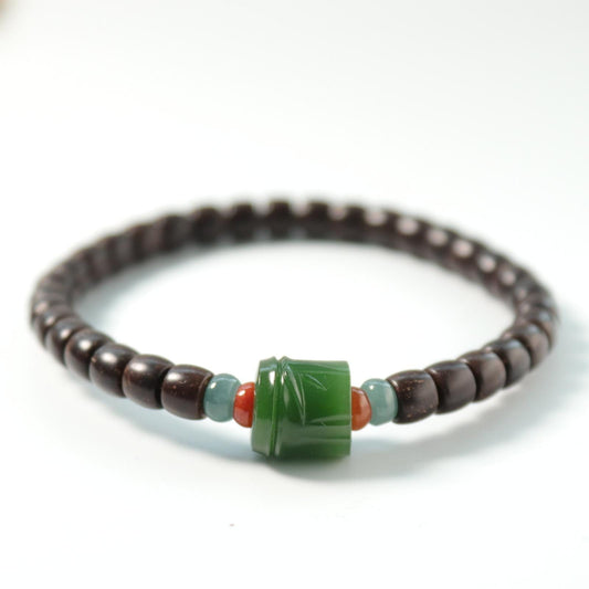 Coconut shell bracelet with nephrite bamboo carved bead certified