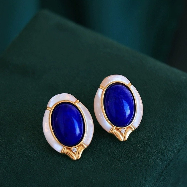 Mid Century Lapis & Mother of Pearl Earrings: S925 Silver