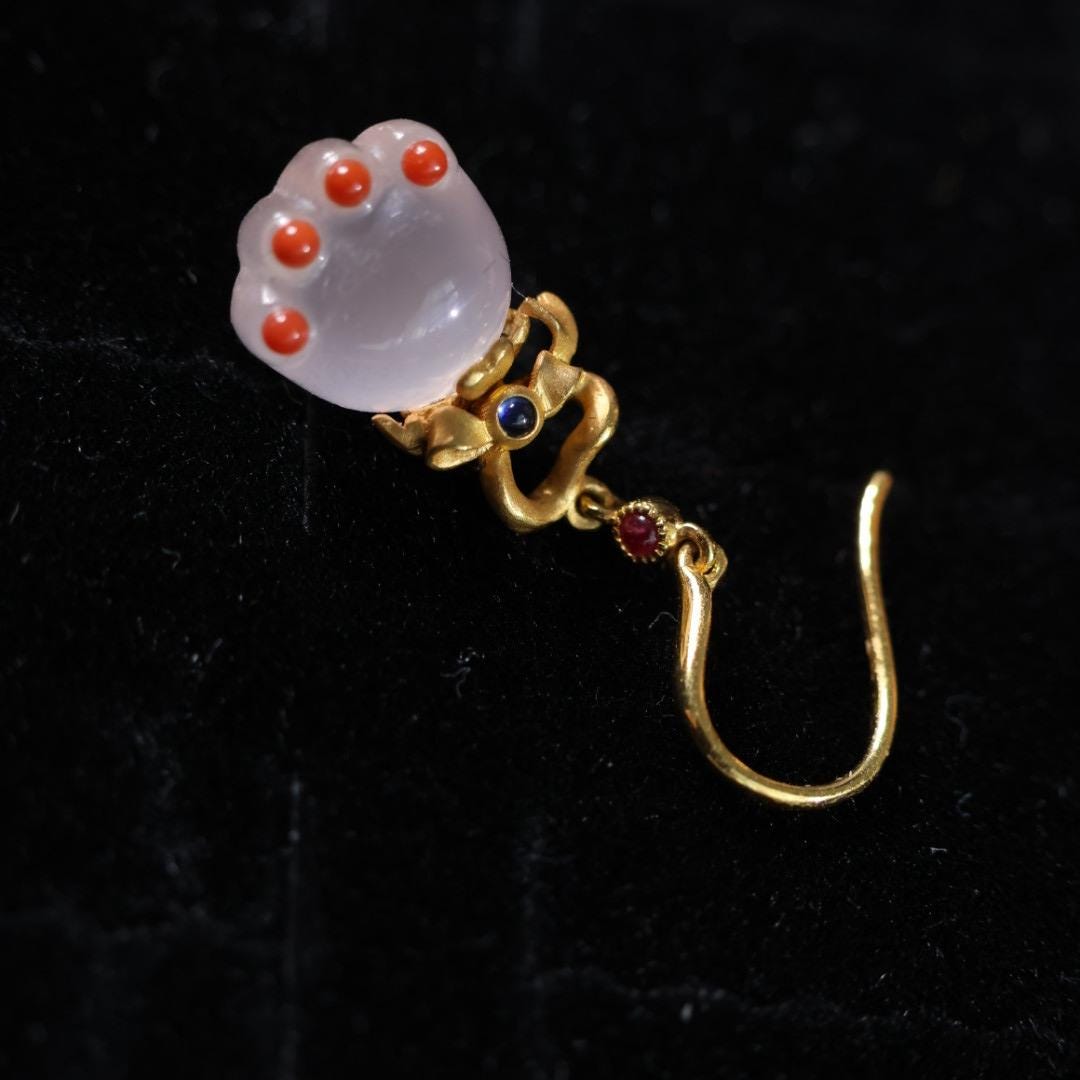 Lychee Agate Cat Paw Jewelry Set: 18k solid Gold, Ruby, Diamond