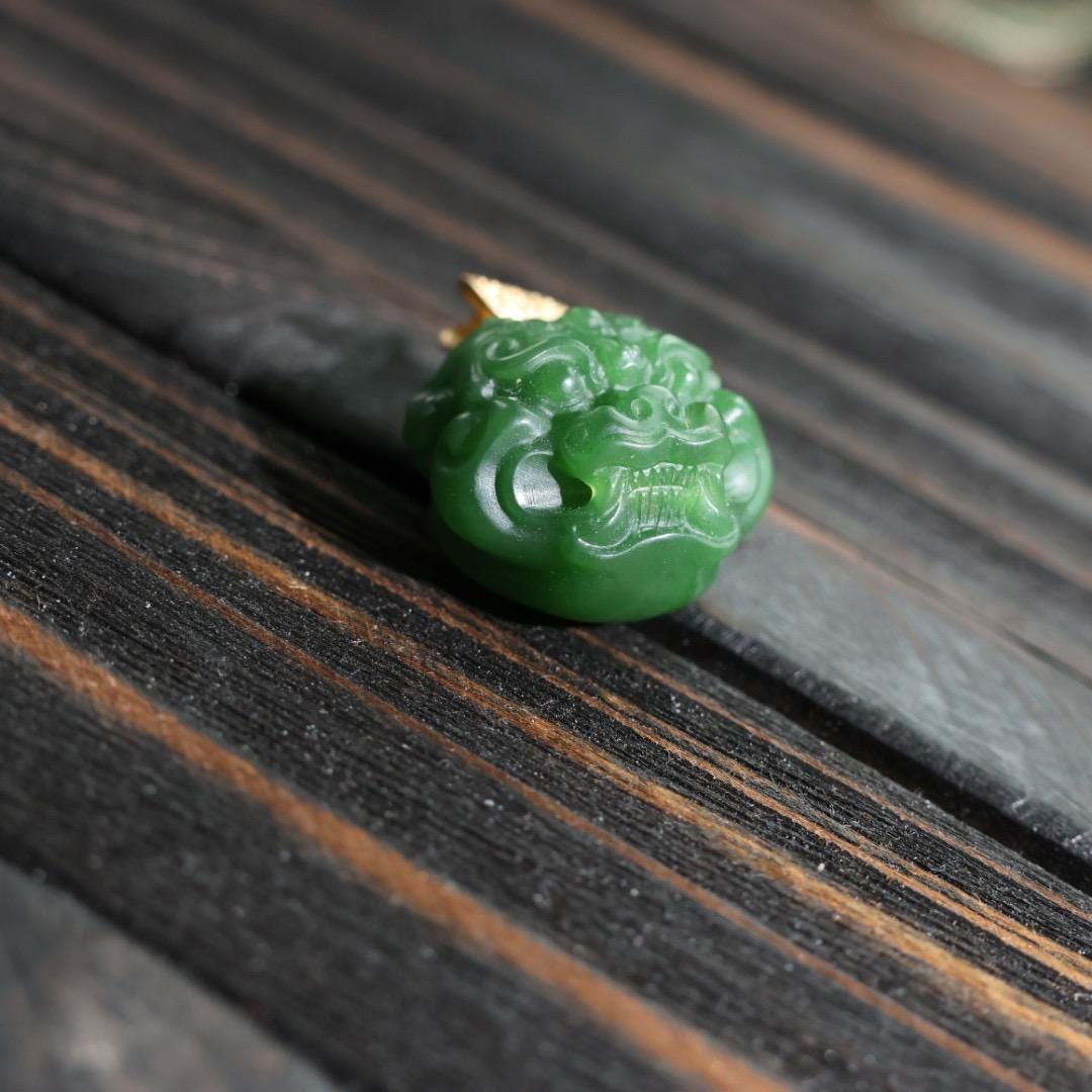 Nephrite dark green Jade protection beast pendant