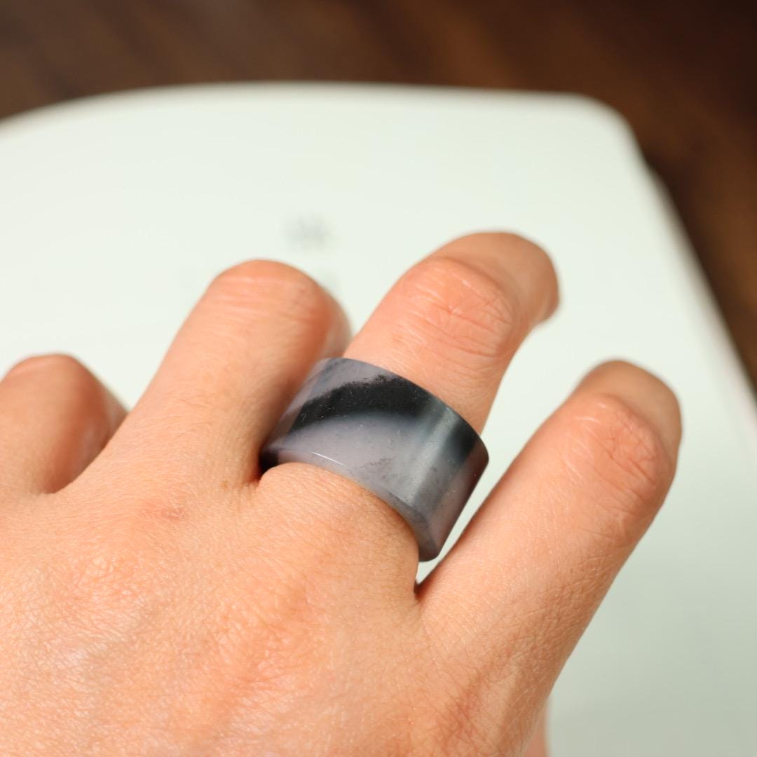 Qinghua water and ink pattern Nephrite jade ring size 6.5