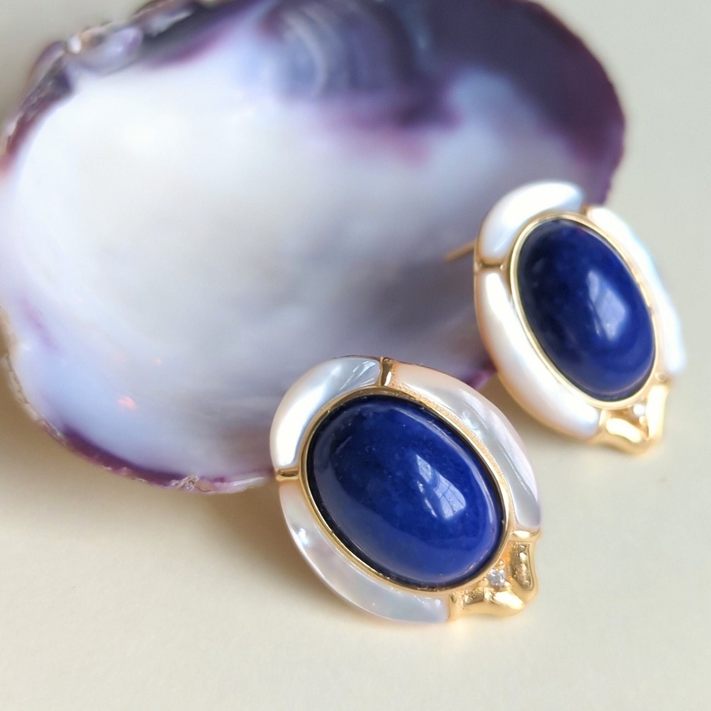 Mid Century Lapis & Mother of Pearl Earrings: S925 Silver