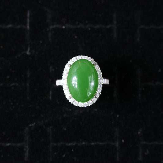 Lush green nephrite Jade Ring: s925 silver Band, adjustable size
