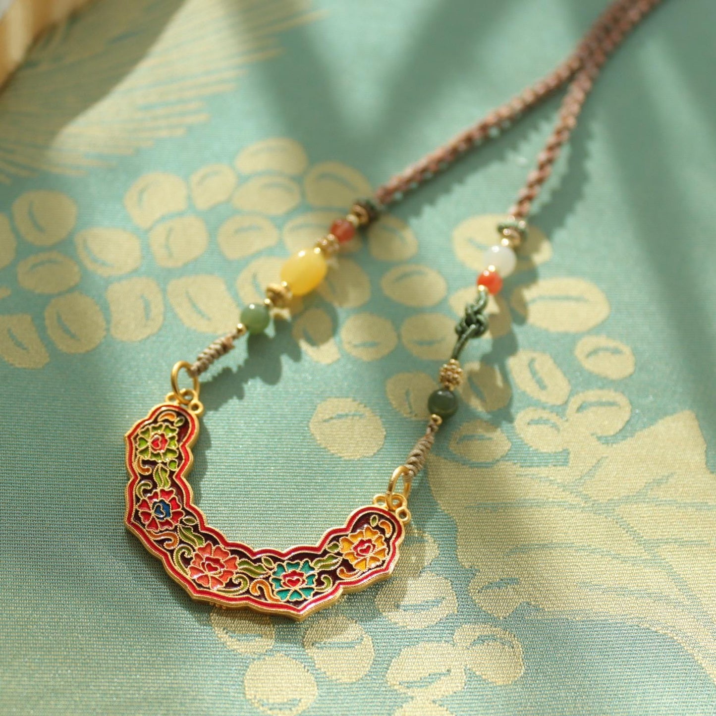 Traditional Chinese Gold Enamel Longevity Lock Pendant Necklace