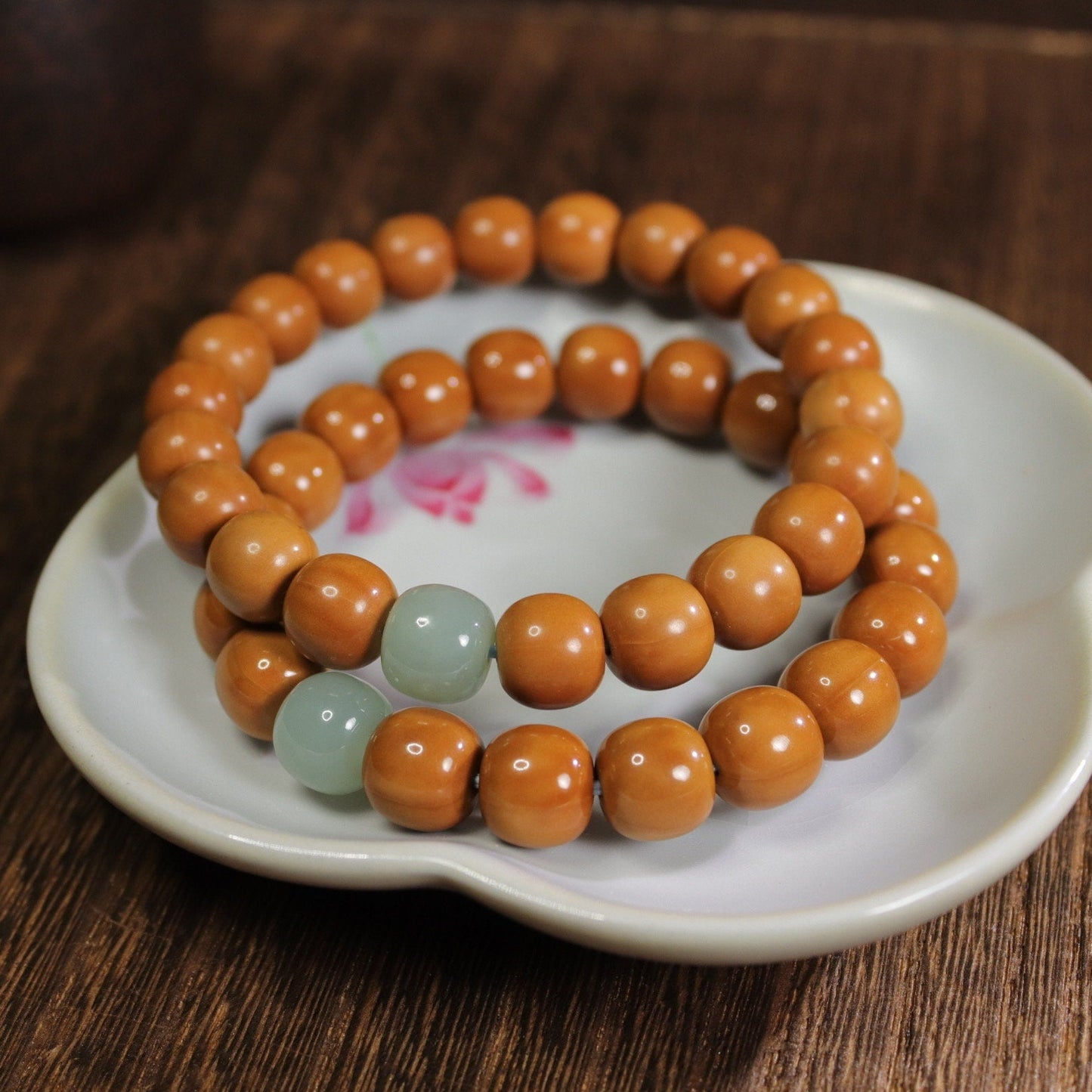 10mm Walnut bracelet with nephrite jade