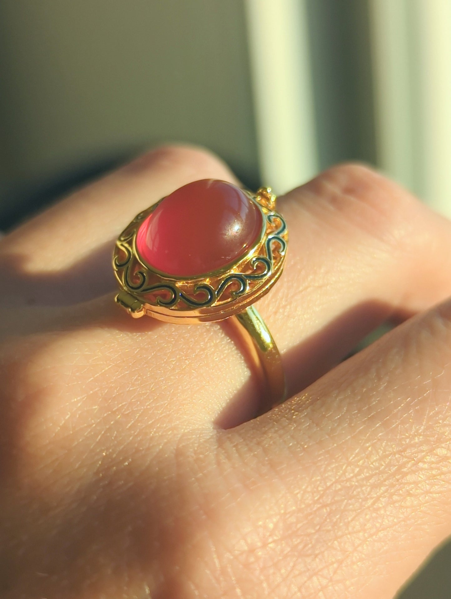 Red Agate Locket Ring: Chinese Vintage Style Gold Plated S925 Silver