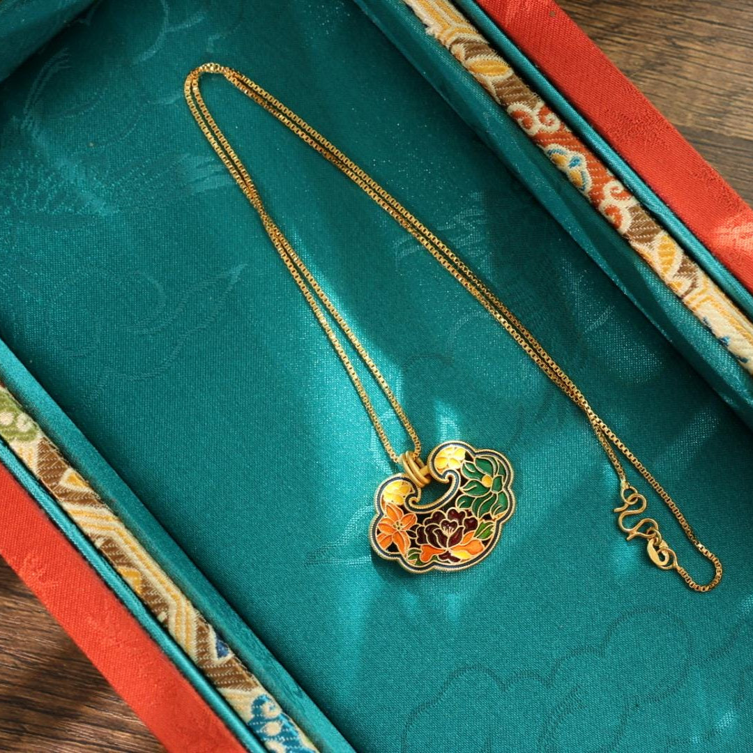 24k gold plated peony lock pendant 足金色花开富贵锁吊坠