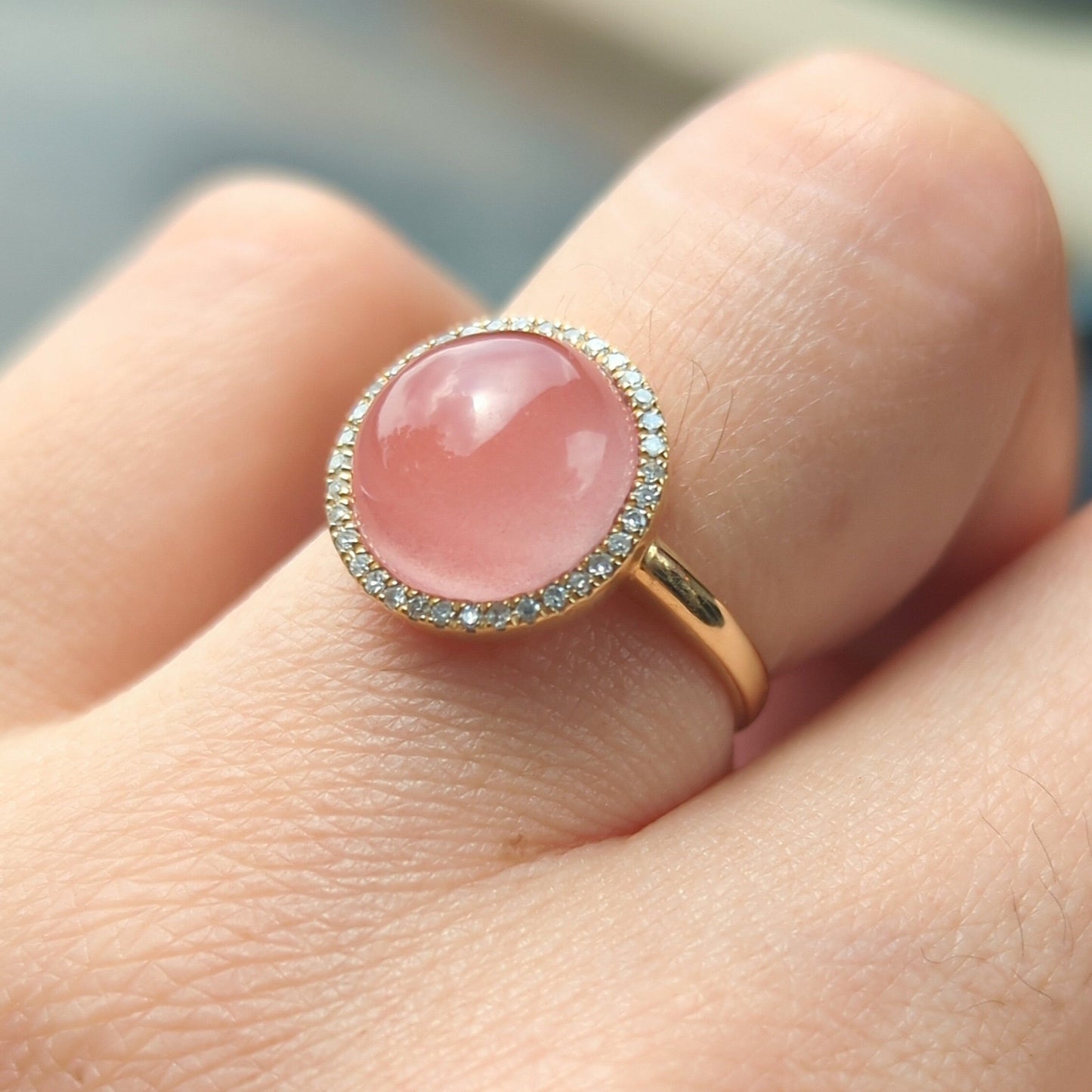 Icy Pink Nanhong Agate Ring: 18K Gold Diamond Halo