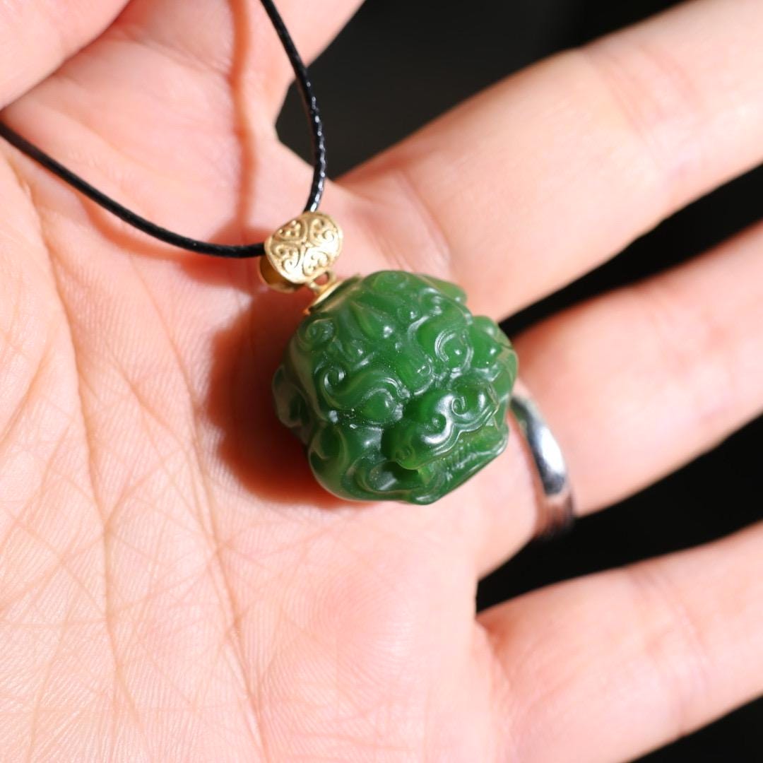 Nephrite dark green Jade protection beast pendant