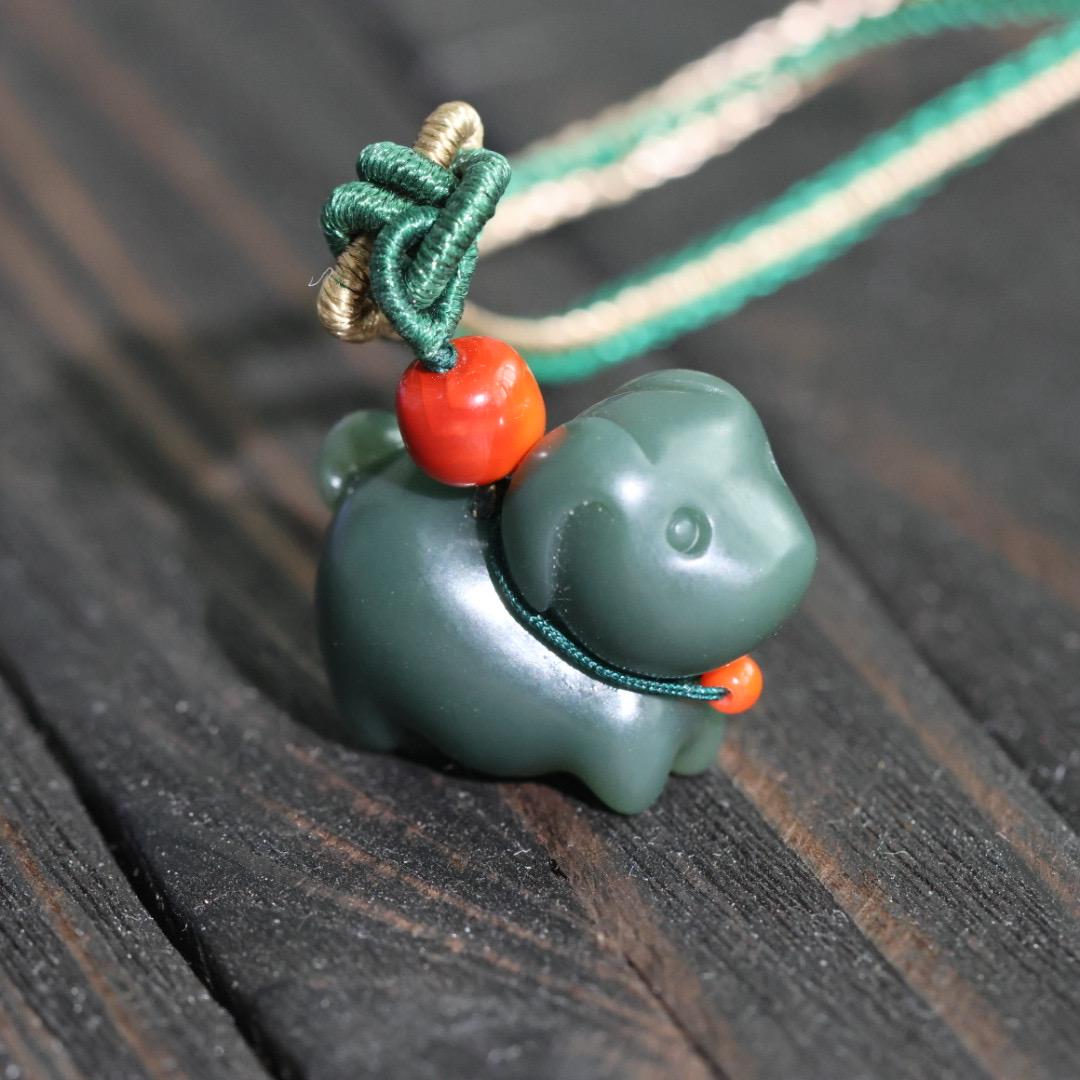 Nephrite dark green Jade puppy pendant
