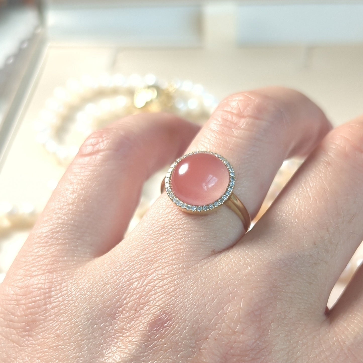 Icy Pink Nanhong Agate Ring: 18K Gold Diamond Halo
