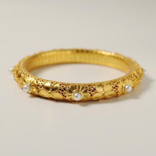 Chinese style pearl and 24k gold bangle with heart sutra inscription