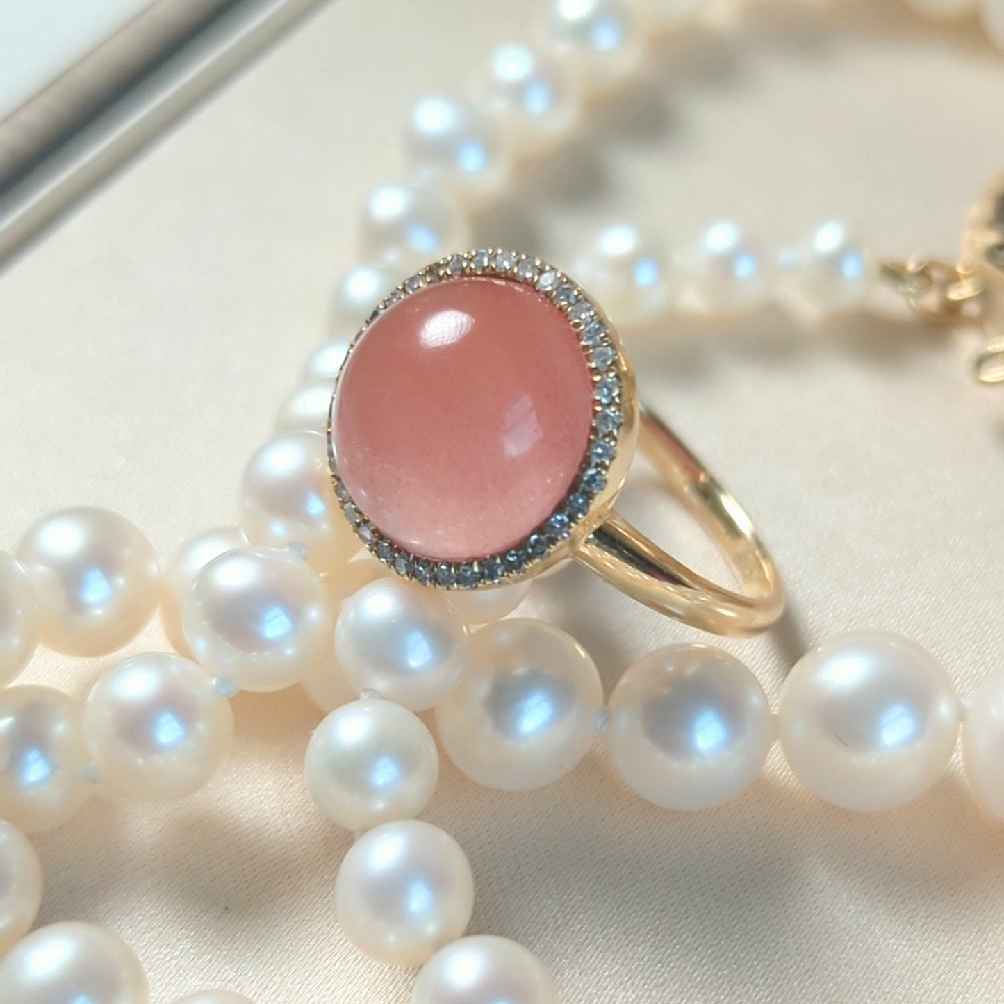 Icy Pink Nanhong Agate Ring: 18K Gold Diamond Halo