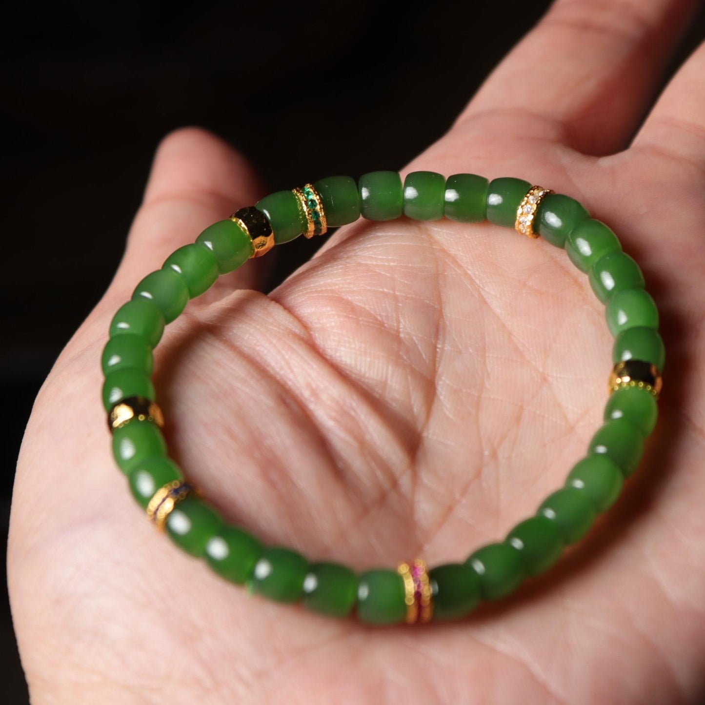 5x6mm lush green apple green Siberian nephrite Jade bracelet 阳绿苹果绿小直切手串