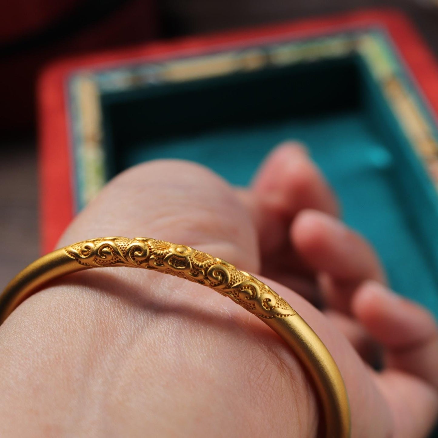 24k Gold Plated Bangle: Chinese Wedding Jewelry, Dragon & Phoenix