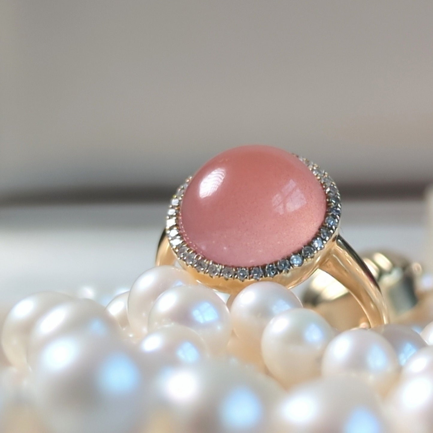 Icy Pink Nanhong Agate Ring: 18K Gold Diamond Halo