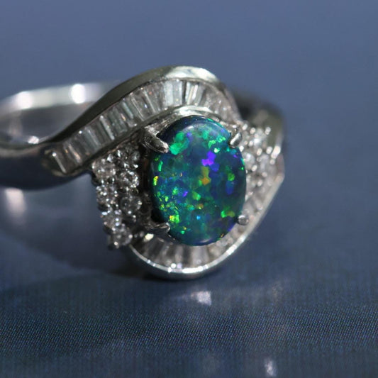 Vintage Australian Black Opal Ring - JSL Certified 1.066ct with Diamonds PT900 Size 6.5
