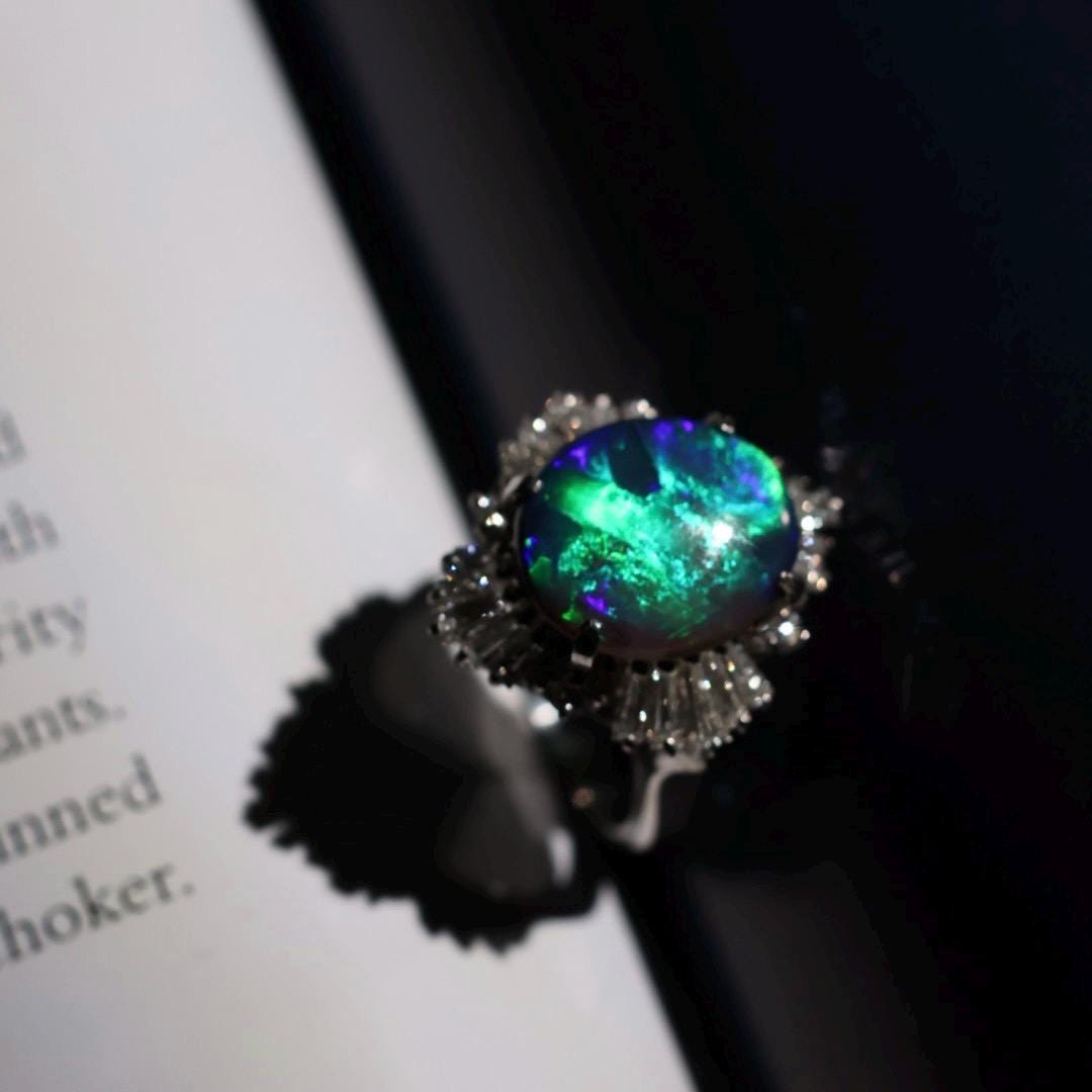 Vintage IGI certified Australian black opal diamond ring US size 6.5