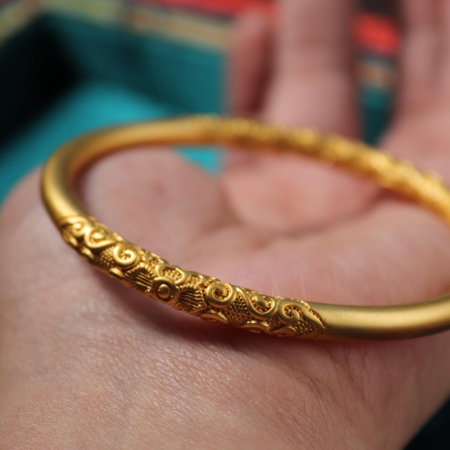 24k Gold Plated Bangle: Chinese Wedding Jewelry, Dragon & Phoenix