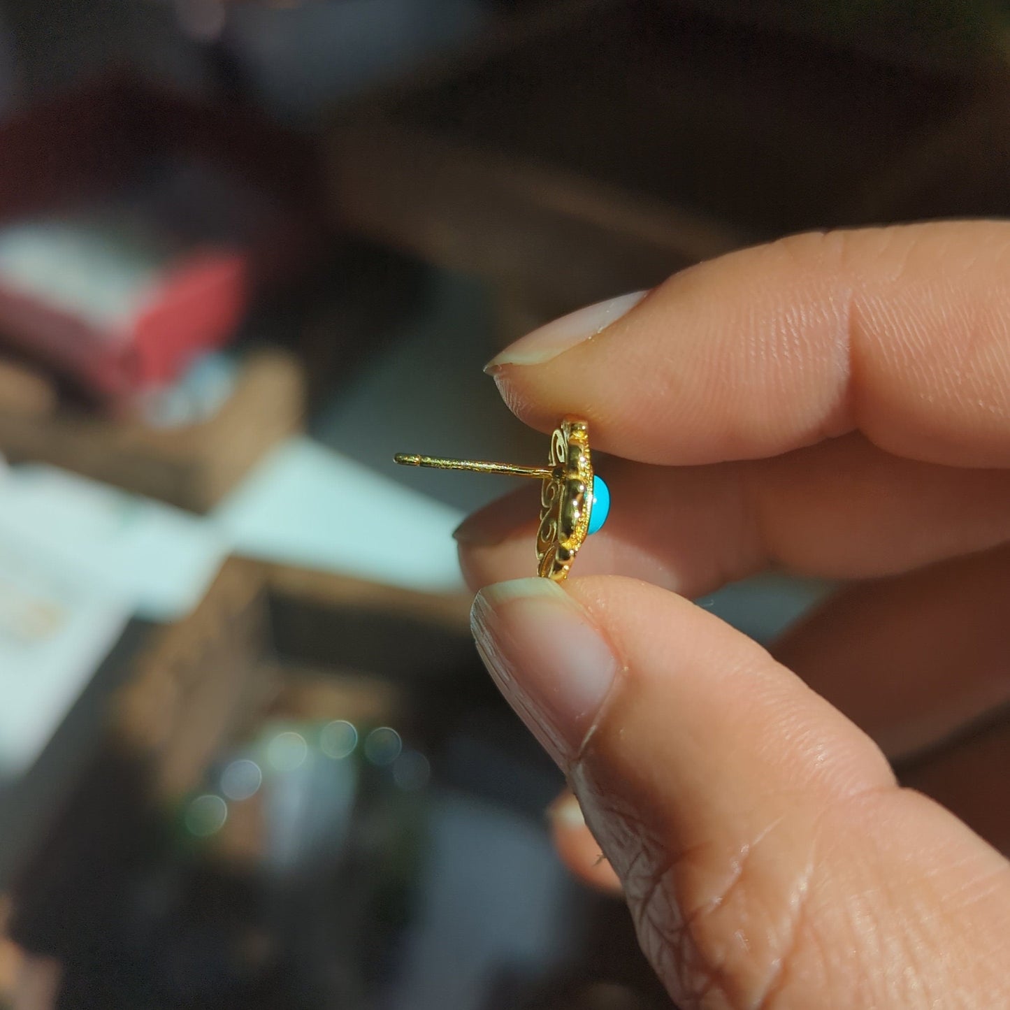 Chinese traditional Vintage style Turquoise S925 silver ear studs