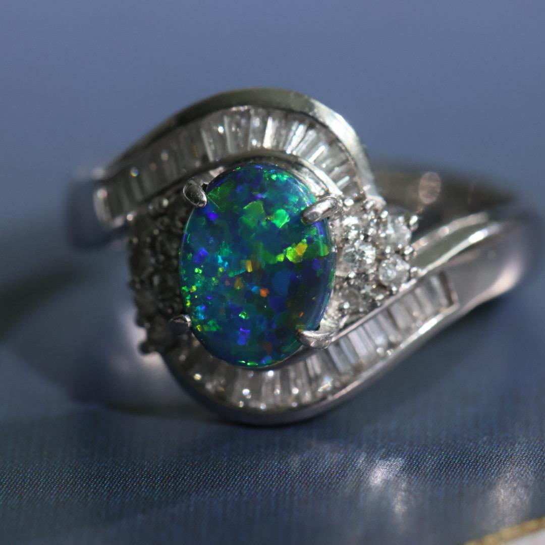 Vintage certified Australian black opal diamond ring US size 6.5
