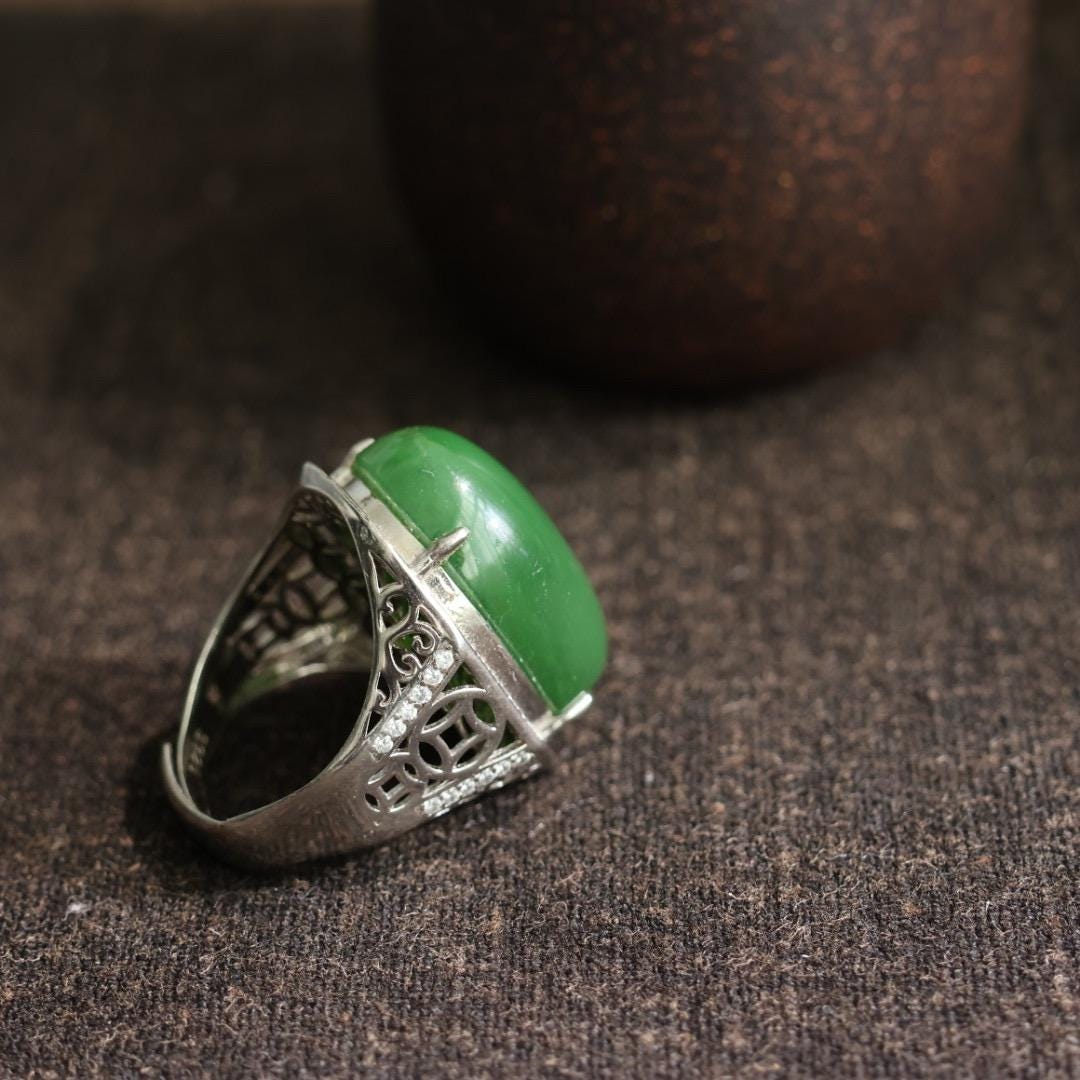 vintage genuine nephrite green jade ring adjustable s925 silver setting