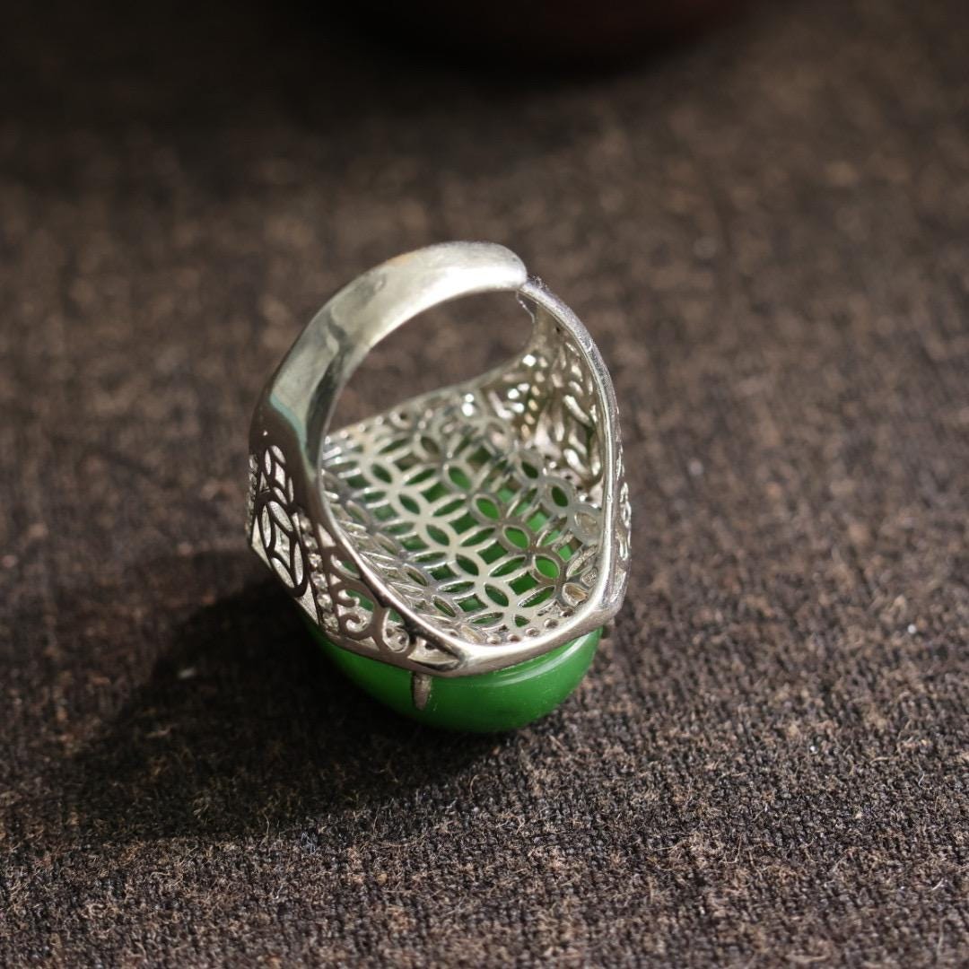 vintage genuine nephrite green jade ring adjustable s925 silver setting