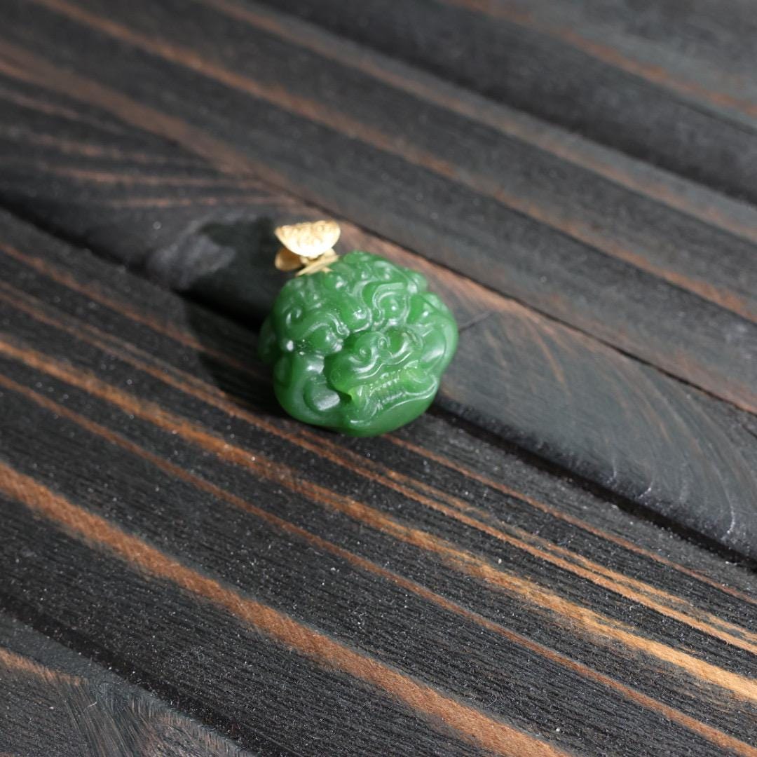 Nephrite dark green Jade protection beast pendant