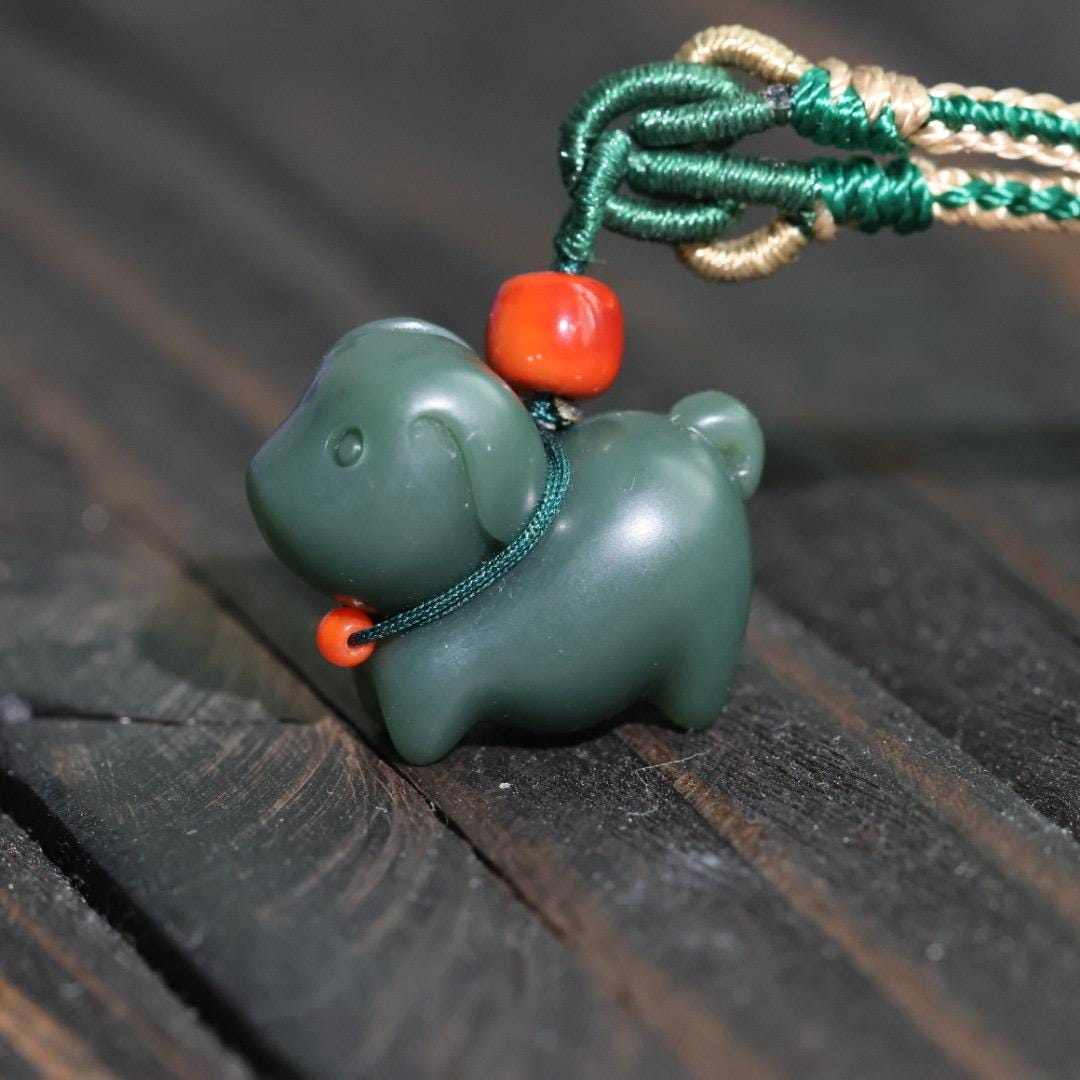 Nephrite dark green Jade puppy pendant