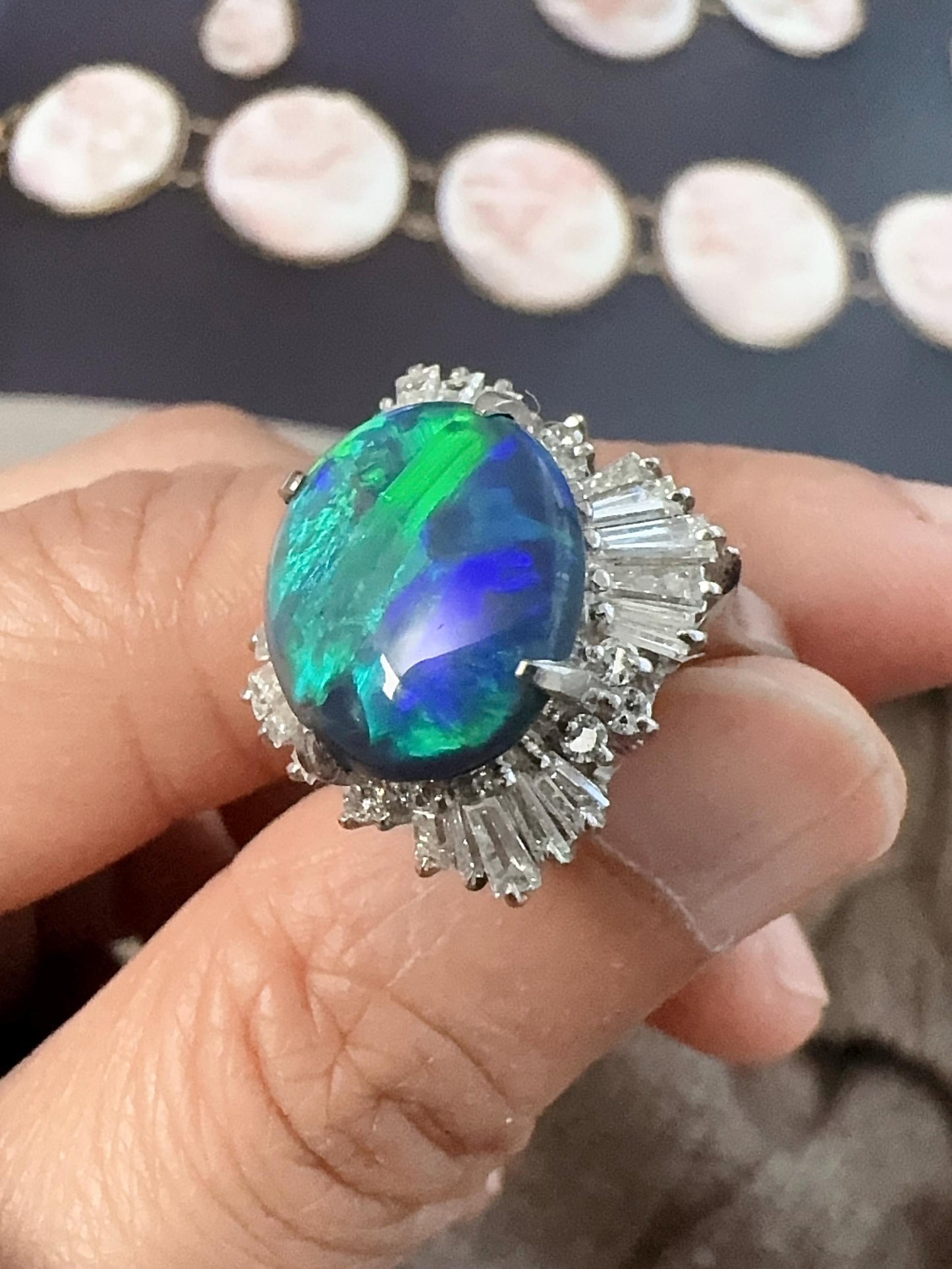Vintage IGI certified Australian black opal diamond ring US size 6.5