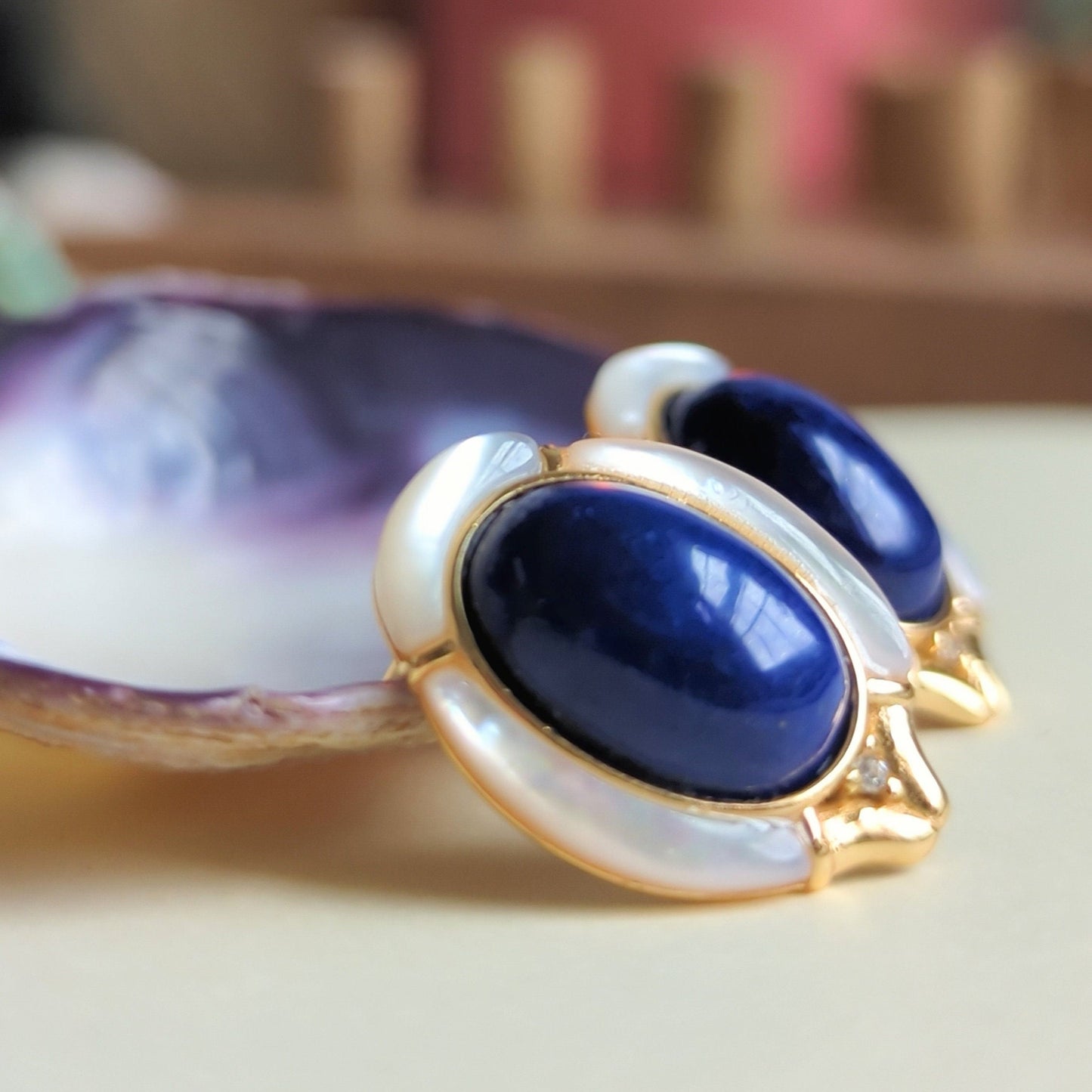 Mid Century Lapis & Mother of Pearl Earrings: S925 Silver