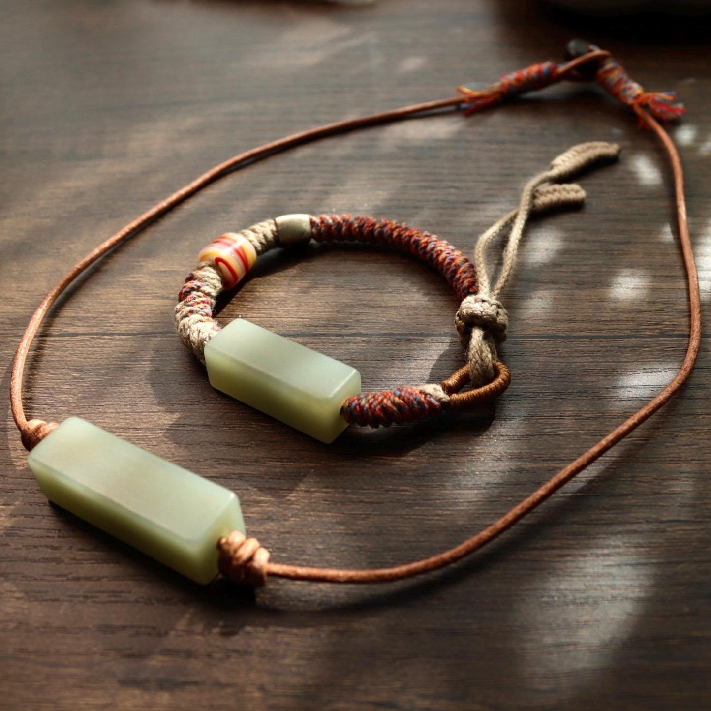 Tibetan style jade leather necklace and bracelet