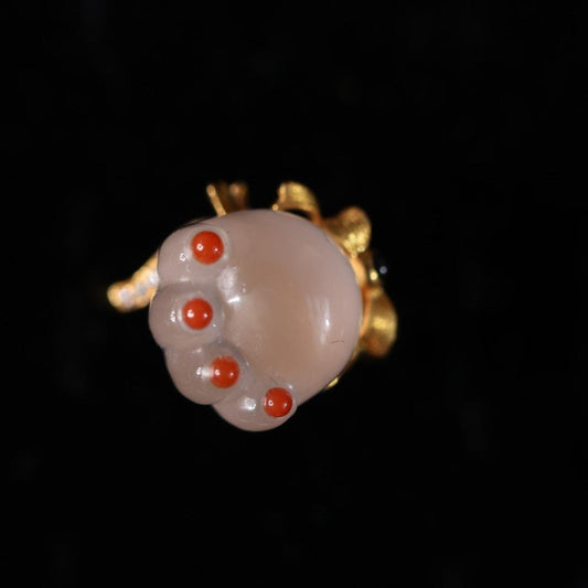 Lychee Agate Cat Paw Jewelry Set: 18k solid Gold, Ruby, Diamond