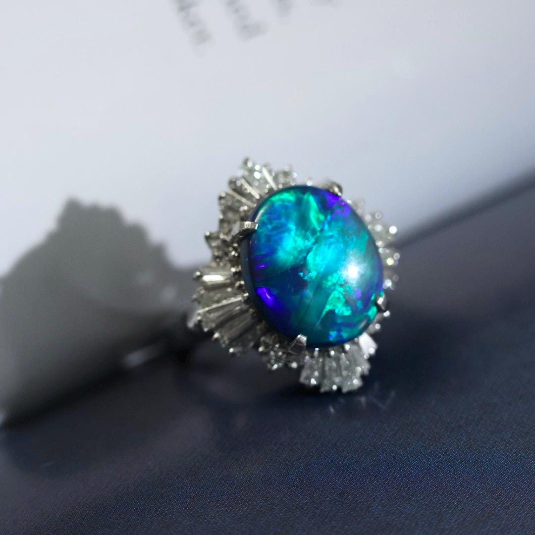 Vintage IGI certified Australian black opal diamond ring US size 6.5