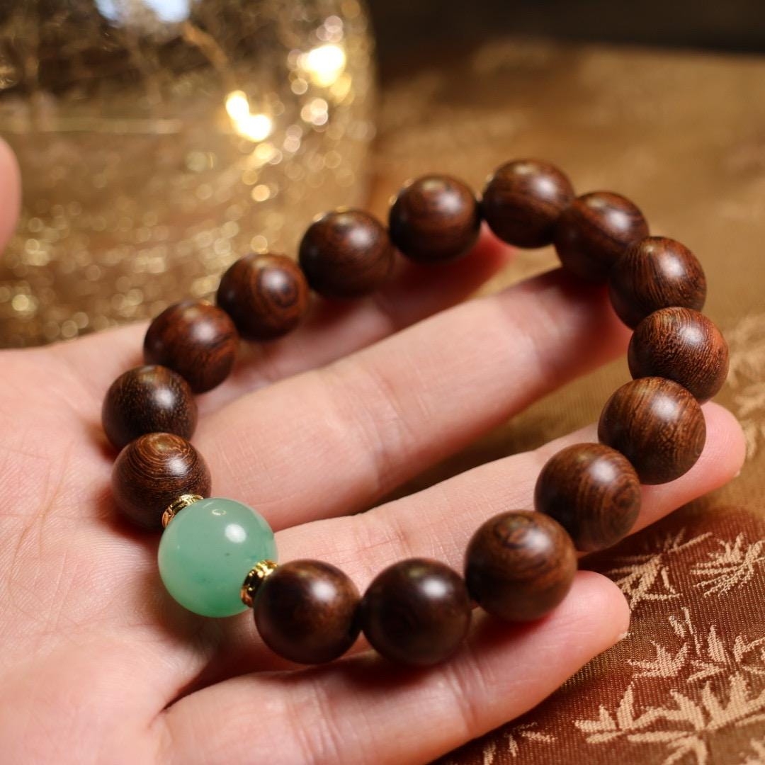 12mm zingana wood with Du long jade bracelet 金丝檀木独龙玉非洲翠手串