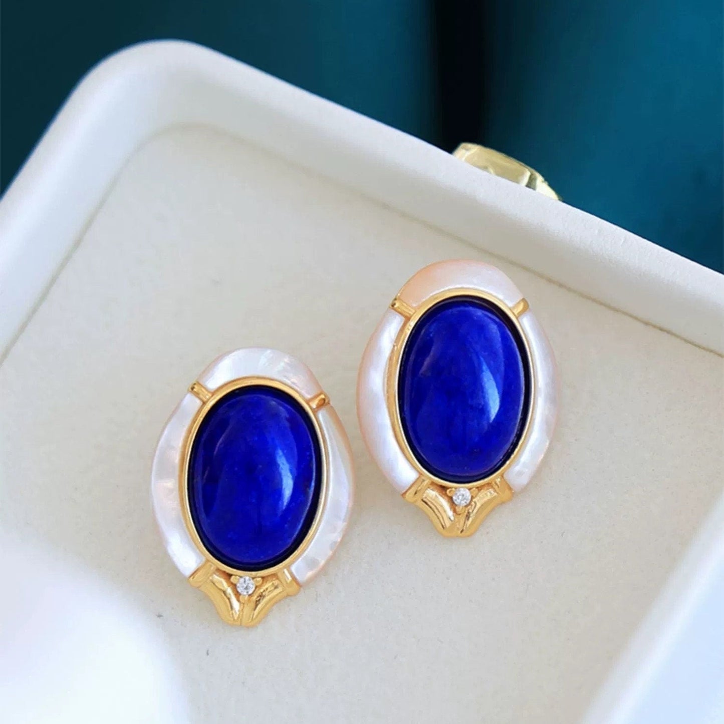 Mid Century Lapis & Mother of Pearl Earrings: S925 Silver