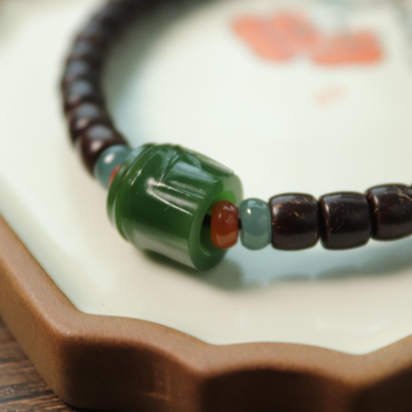 Coconut shell bracelet with nephrite bamboo carved bead certified