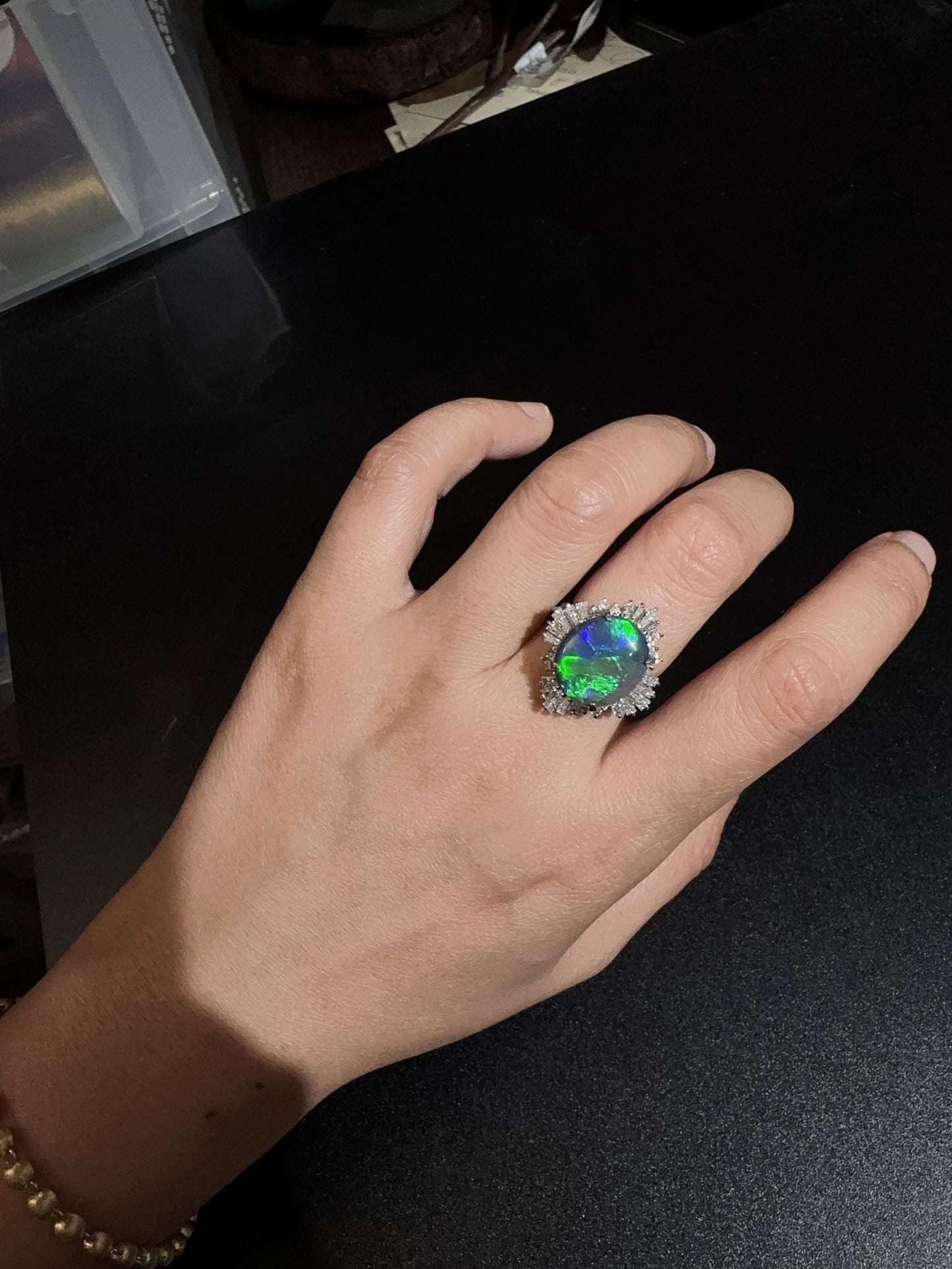 Vintage IGI certified Australian black opal diamond ring US size 6.5