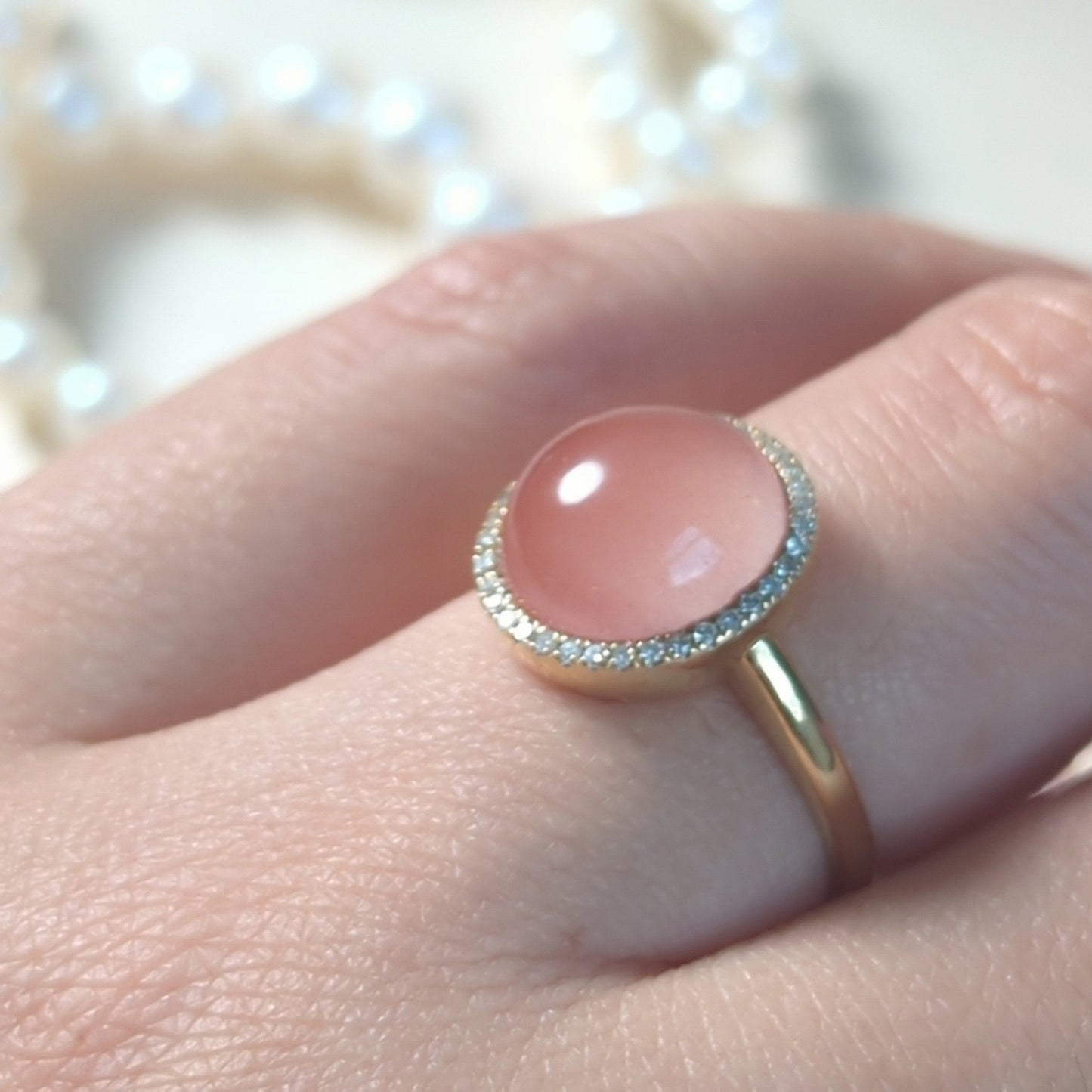 Icy Pink Nanhong Agate Ring: 18K Gold Diamond Halo