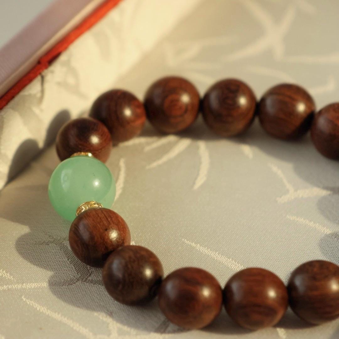 12mm zingana wood with Du long jade bracelet 金丝檀木独龙玉非洲翠手串