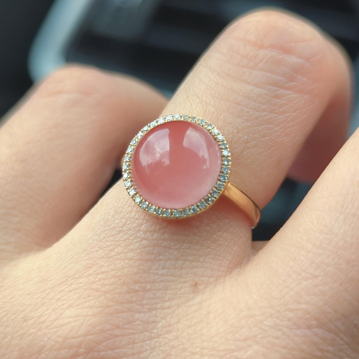 Icy Pink Nanhong Agate Ring: 18K Gold Diamond Halo