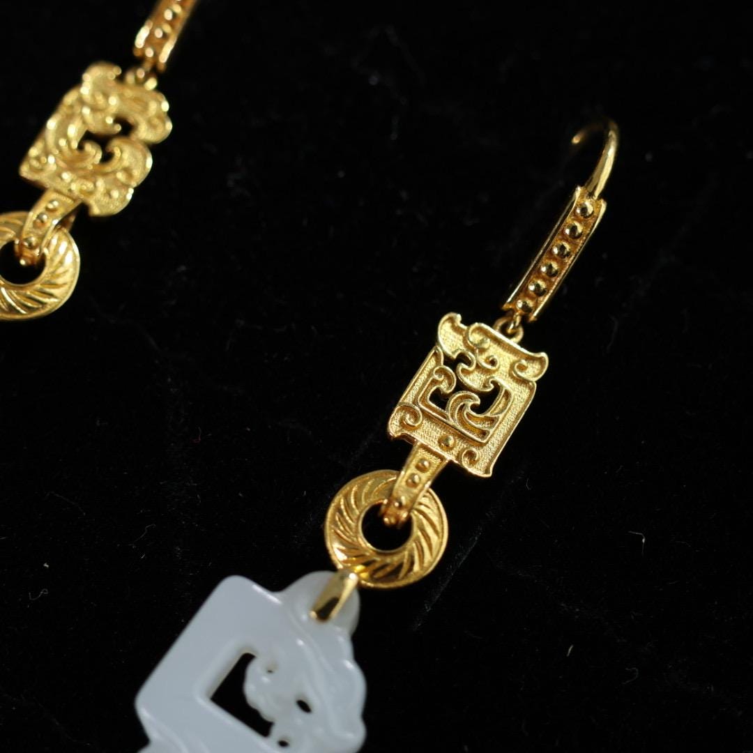 Certified Antique style white nephrite dragon and solid gold earrings 18k