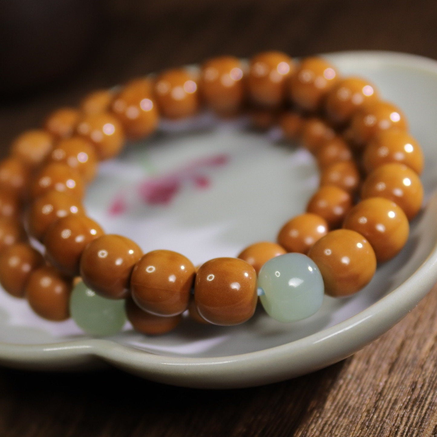 10mm Walnut bracelet with nephrite jade