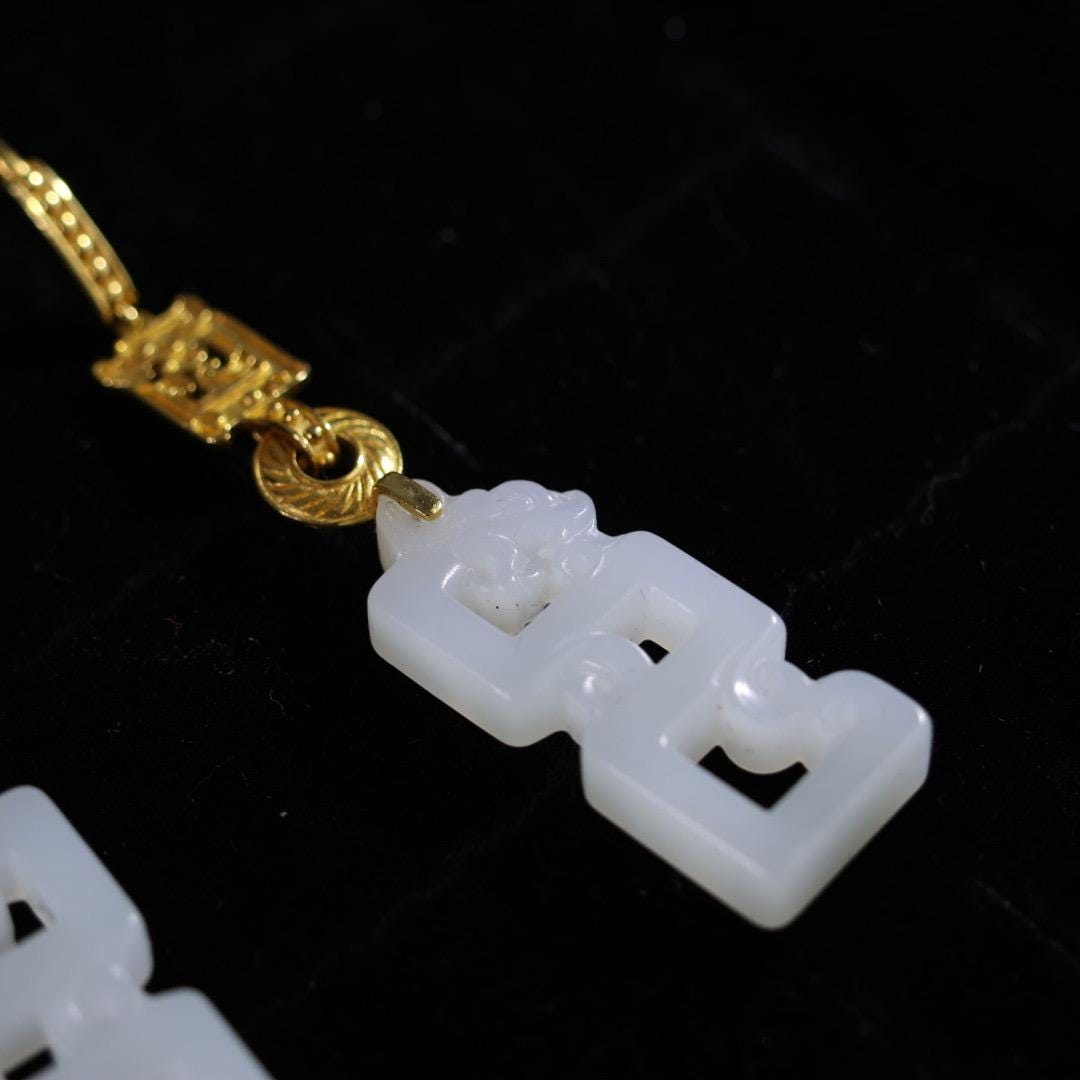 Certified Antique style white nephrite dragon and solid gold earrings 18k